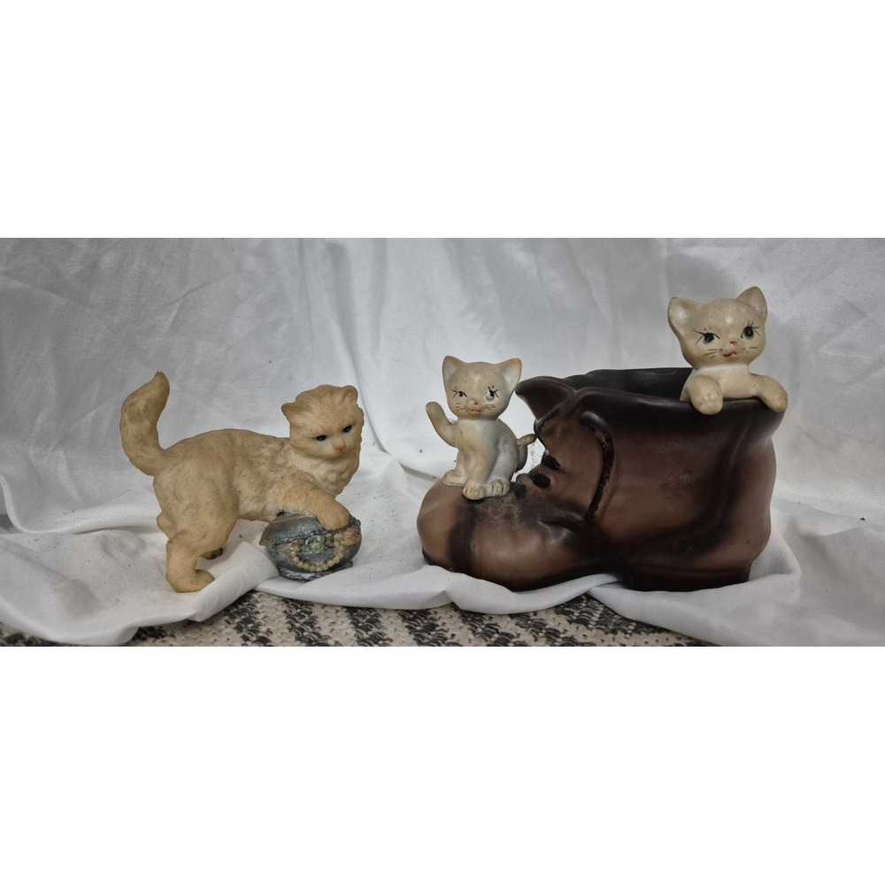Vintage Cat Figurine Lot | Cats in Shoe + Cute Kitty Decor